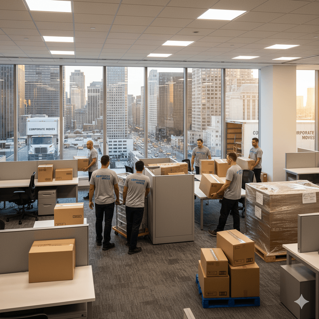 Team of movers relocating an office.
