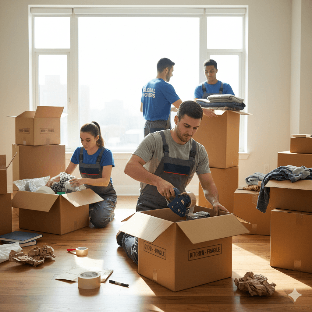 Hands carefully wrapping a dish and placing it in a box.